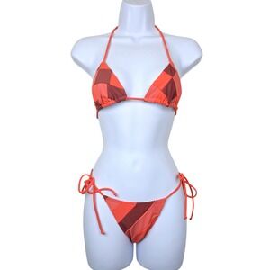Rosa Cha Womens Orange Patchwork Triangle Side Tie Bikini Swimsuit Set Size M